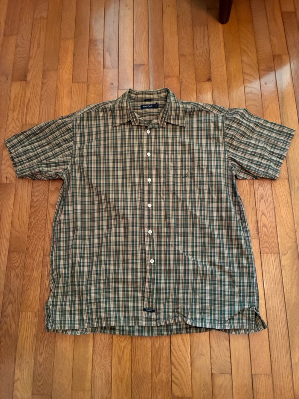 Nautica Green and Tan Plaid Short-Sleeve Button-Down Shirt